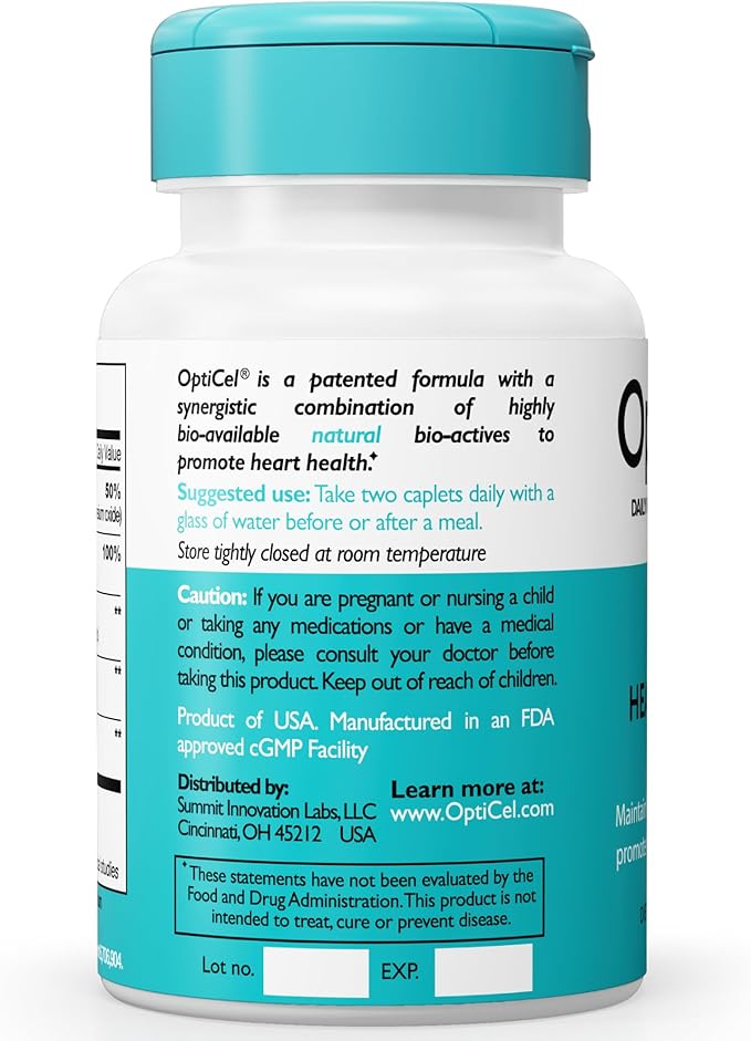 OptiCel Heart Health - Heart Health &amp Blood Pressure Supplement for Men &amp Women Supports Endurance Recovery Cholesterol &amp Cardiovascular Health Plant-Based Gluten-Free and Non-GMO 60