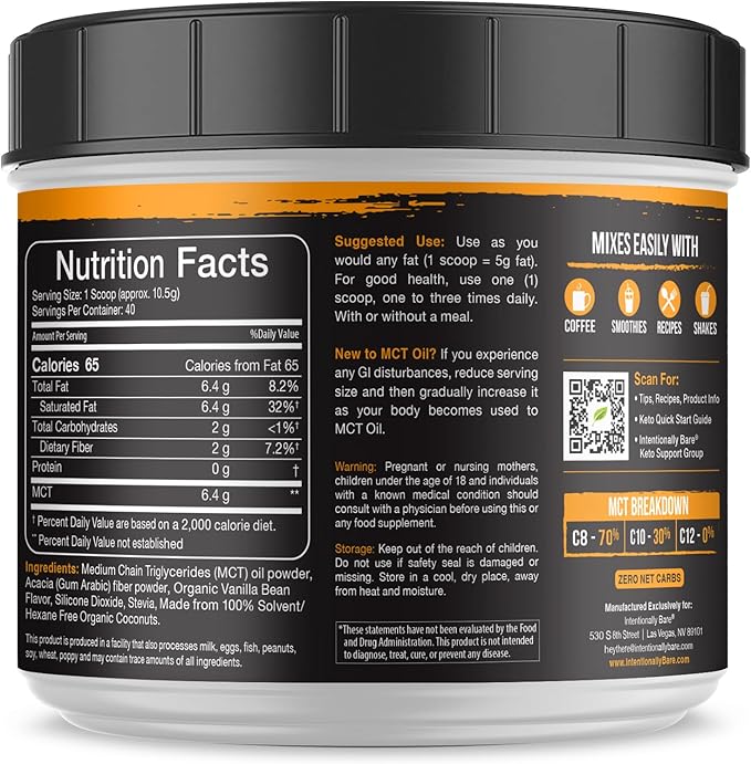 Intentionally Bare MCT Oil Powder French Vanilla MCT Coffee Creamer - C8 MCT Oil Powder for Energy &amp Metabolism - No Grit Keto Energy Blend Excellent in Baking Shakes &amp Creamer for Coffee - 4