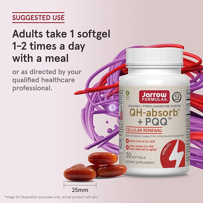 Jarrow Formulas QH-absorb + PQQ - 30 Softgels - Dietary Supplement Supports Mitochondrial Biogenesis Energy Production &amp Cardiovascular Health - Up to 30 Servings