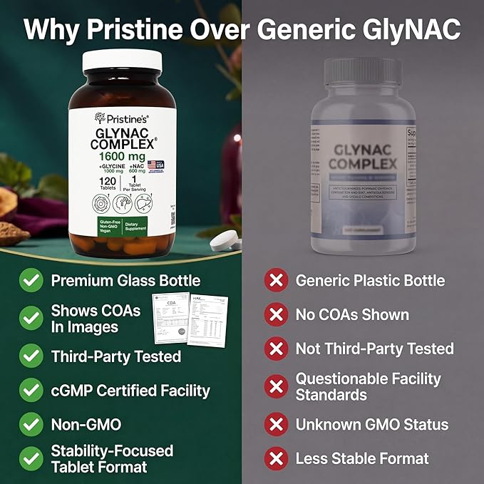 GlyNAC Supplement Complex Large Size Tablet 1600MG Glutathione Production - 3rd Party Tested Healthy Aging &amp Cognitive Support - Glycine &amp NAC Gluten Free Non GMO USA Made Glass Bottle
