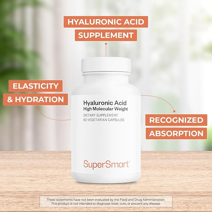 Supersmart Hyaluronic Acid Supplement 300mg per Day (Sodium Hyaluronate) - High Molecular Weight 1.2 Million Daltons | Non-GMO &amp Gluten Free - 60 Vegetarian Capsules