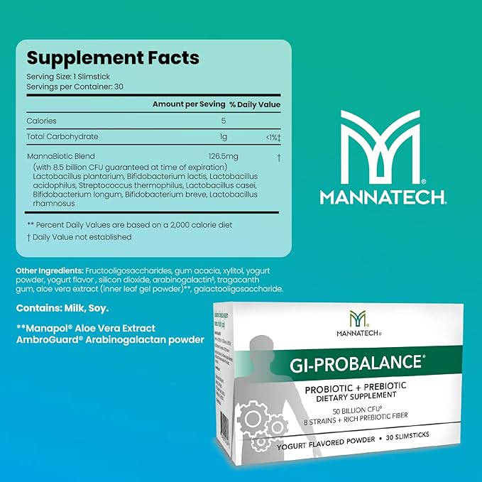 Mannatech Prebiotics and Probiotics 30 Slimsticks Yogurt Flavor GI-ProBalance w/MannaBiotic Blend Pre and Probiotics Powder for Gut Health w/ 8 Strains Rich Prebiotic Fiber &amp 50 Billion CFU
