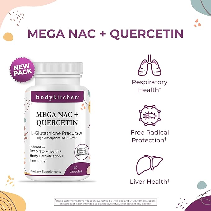Body Kitchen Mega NAC (N-Acetyl Cysteine) 600 mg with Quercetin Supports Respiratory Health and Immune Function and Promotes Liver and Kidney Detox Veggie Caps (Pack of 2)