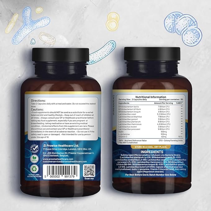 Bio Cultures Complex Probiotics and Prebiotics - 50 Billion CFU - 10 Live Bacteria Strains – Added with Inulin L-Glutamine &amp Vitamin C - 60 Capsules | Advanced Probiotic for Women &amp Men by Pr