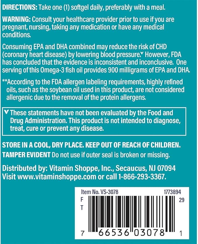 The Vitamin Shoppe Omega 3 Fish Oil 1290 mg EPA &amp DHA Softgels Unflavored Fish Oil Supplement for Men &amp Women Gluten Free Dairy Free 120 Softgels