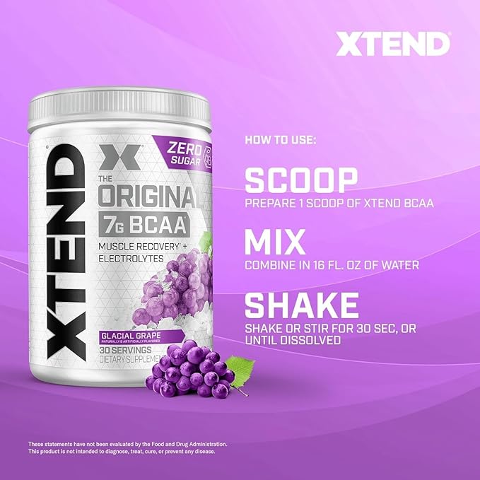 Xtend Original BCAA Powder 7g BCAAs and 2.5g L-Glutamine for Muscle Recovery Hydration and Lean Muscle Sugar Free Intra and Post Workout Drink with Electrolytes Glacial Grape 30 Servings