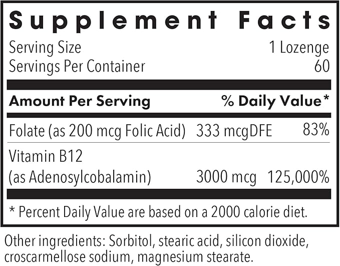 Allergy Research Group B12 Adenosylcobalamin Supplement - with Folic Acid Vitamin B12 3000 mcg Folate Pure B12 Vegetarian Lozenges - 60 Count
