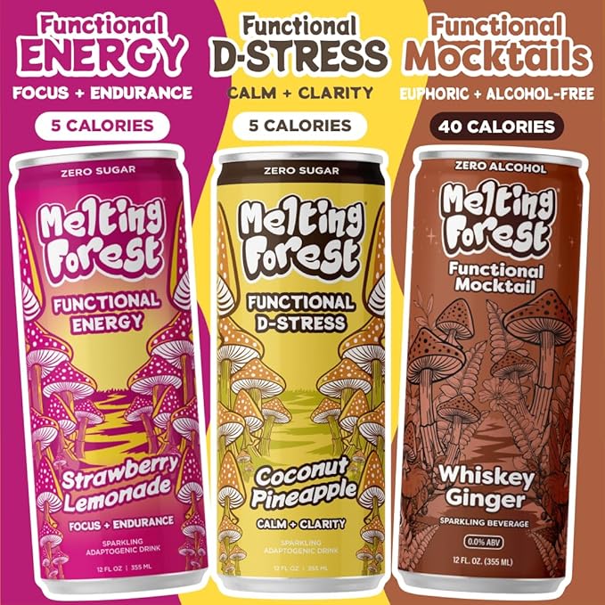 Melting Forest Mushroom Energy Drink L-Theanine Cordyceps &amp Lion's Mane 150mg of Caffeine Energy &amp Focus Cognitive Function &amp Mental Clarity Strawberry Lemonade (12 Pack)