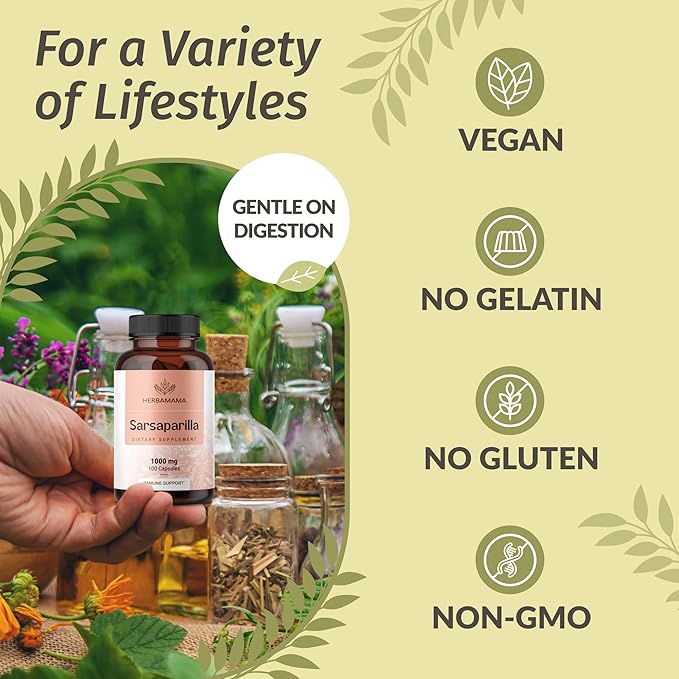 HERBAMAMA Sarsaparilla and Milk Thistle Kit - Bundle of 1000mg Sarsaparilla Root Capsules &amp Milk Thistle Extract Tincture 4 fl oz - Vegan Non GMO Sugar &amp Alcohol-Free - 2 Pack