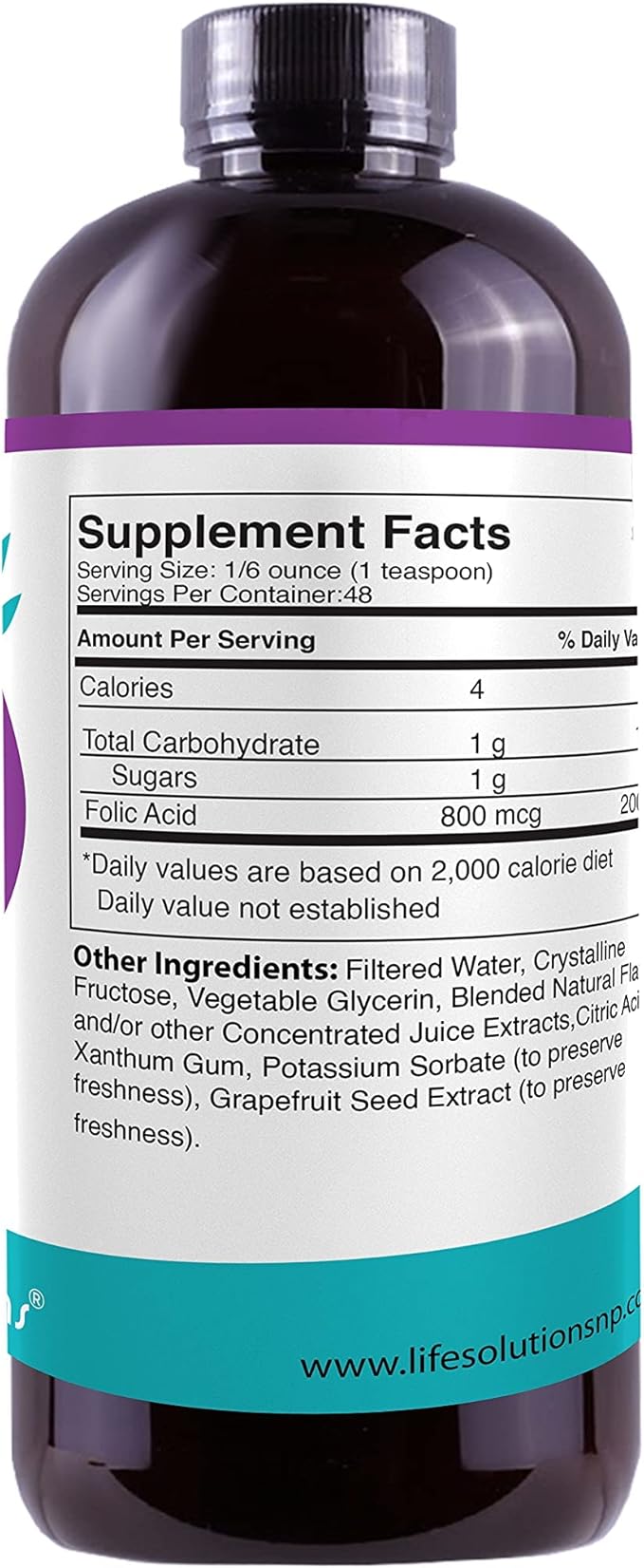 Life Solutions Liquid Folic Acid Supplement – 800 mcg Vitamin B9 per Serving – Berry Flavor 8 fl oz – Fast Absorption Prenatal Heart &amp Brain Support