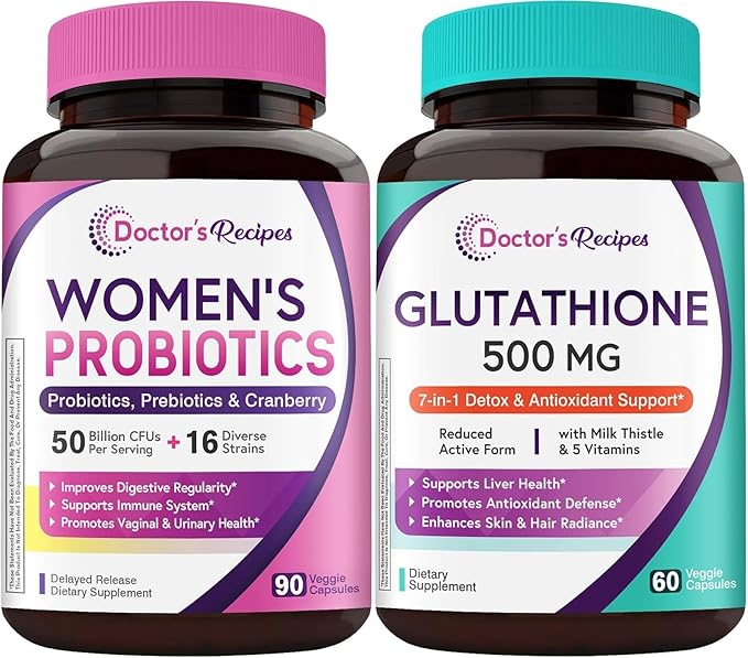 Doctor's Recipes Pair: Glutathione with Milk Thistle + Women's Probiotic 50B with Organic Cranberry 150 Caps