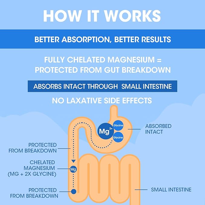 Magnesium Glycinate Capsules Magnesium Bisglycinate 100% Chelated Maximum Absorption Gentle on Stomach Small Easy to Swallow Supports Restful Sleep Muscle Bone Health