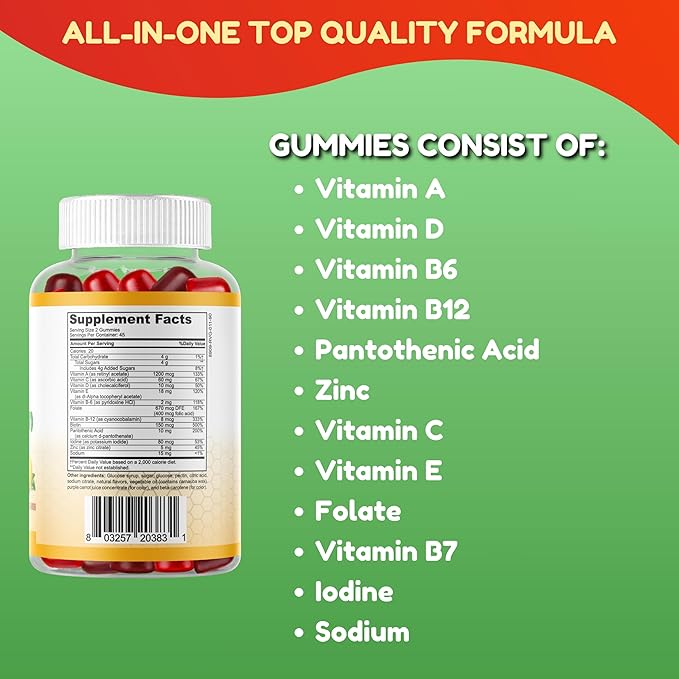 Halal Multivitamin Gummies for Women &amp Men | Immune &amp Overall Wellness | 90 Delicious Gummy Vitamins (45-Day Supply). Non-GMO &amp Vegetarian Essential Halal Vitamins w/ Folate Zinc B12 Bi