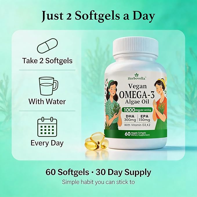 Vegan Omega 3 Softgels from Algae Oil – Fish Oil Alternative DHA 300mg EPA 150mg with Vitamin D3 K2 No Fishy Taste Plant-Based Omega-3 Supplement