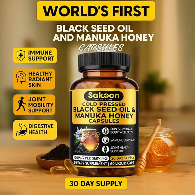 Black Seed Oil Capsules - With New Zealand Manuka Honey Cold Pressed Turkish Nigella Sativa Oil 2% Thymoquinone Immune &amp Digestive Support Made in USA 60 Count 1010mg per serving