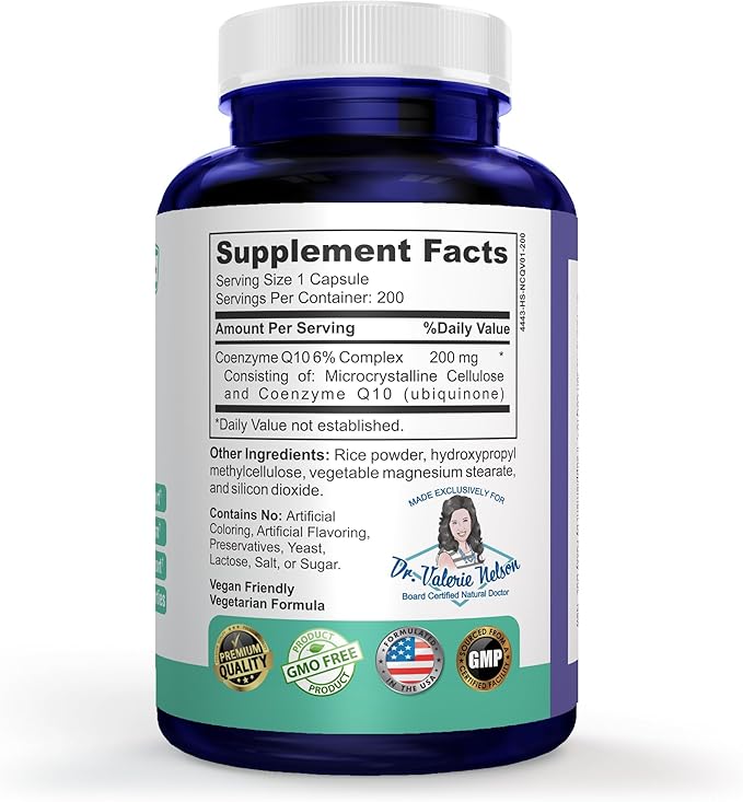 CoQ10 - Co-Enzyme Q10-200 mg - Excellent Value - 200 Caps - Quick Absorption - Veg. Caps - Non-GMO - Ubiquinone - Heart &amp Cellular Energy &amp Brain Supplement by Foxxy Doc