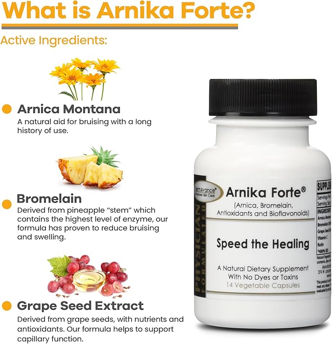 DermAvance Arnika Forte Capsules – Swelling and Bruising Reducer After Surgery and Aesthetic Treatments Antioxidants &amp Bioflavonoids Arnica 1000mg Bromelain 125mg 3000GDU - 14 Capsules