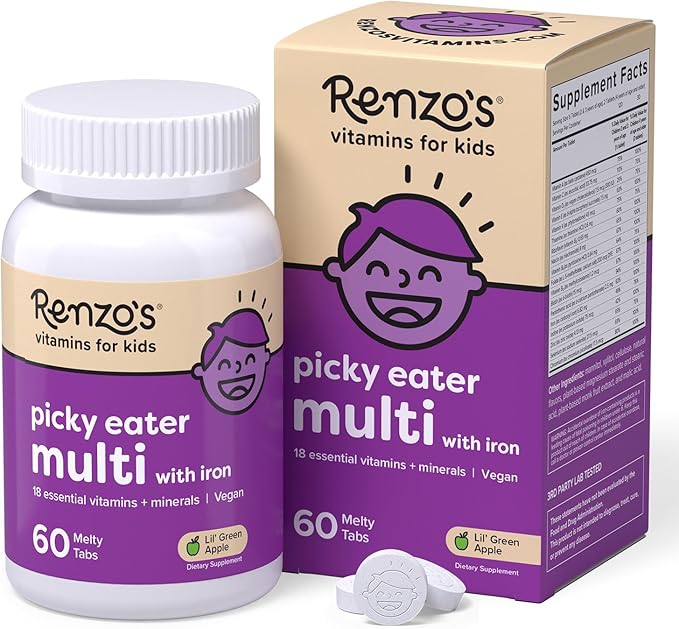 Renzo's Picky Eater Kids Multivitamin with Iron - Dissolvable Kids Vitamins with Iron Zinc Vitamin C Vitamin D E &amp K Sugar-Free Melty Tabs Green Apple Flavor 60-Count (1-2 Month Supply)