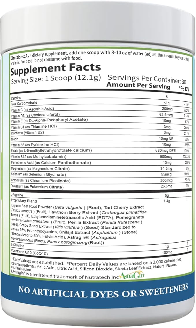 Cardio 911® Nitric Oxide Heart &amp Circulation Support - 5000mg L-Arginine &amp 1000mg L-Citrulline - Mixed Berry 30 Servings Powder 363 Grams - CoQ10 Beet Root - High Potency Cardiovascular Form