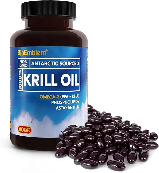 BioEmblem 3 Pack Antarctic Krill Oil 1000mg Softgels Omega-3s Oil with High Levels of EPA + DHA Astaxanthin and Phospholipids Supports Brain Health 180-Count Non-GMO Gluten Free 90 Days Supply