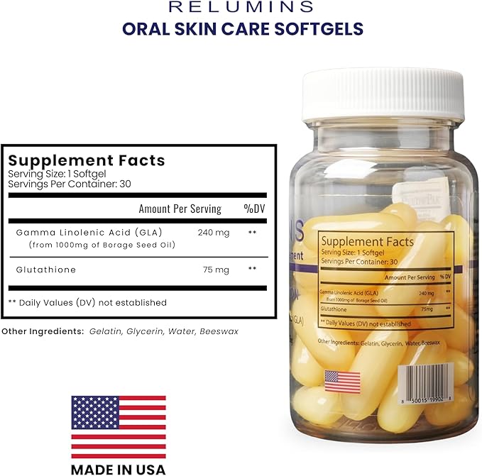 Relumins Natural Acne Softgel Spring Glow Essential – 300mg Borage Oil with GLA – Plant-Based Supplement to Support Clear Balanced Skin Smooth Texture Hydration and Daily Wellness