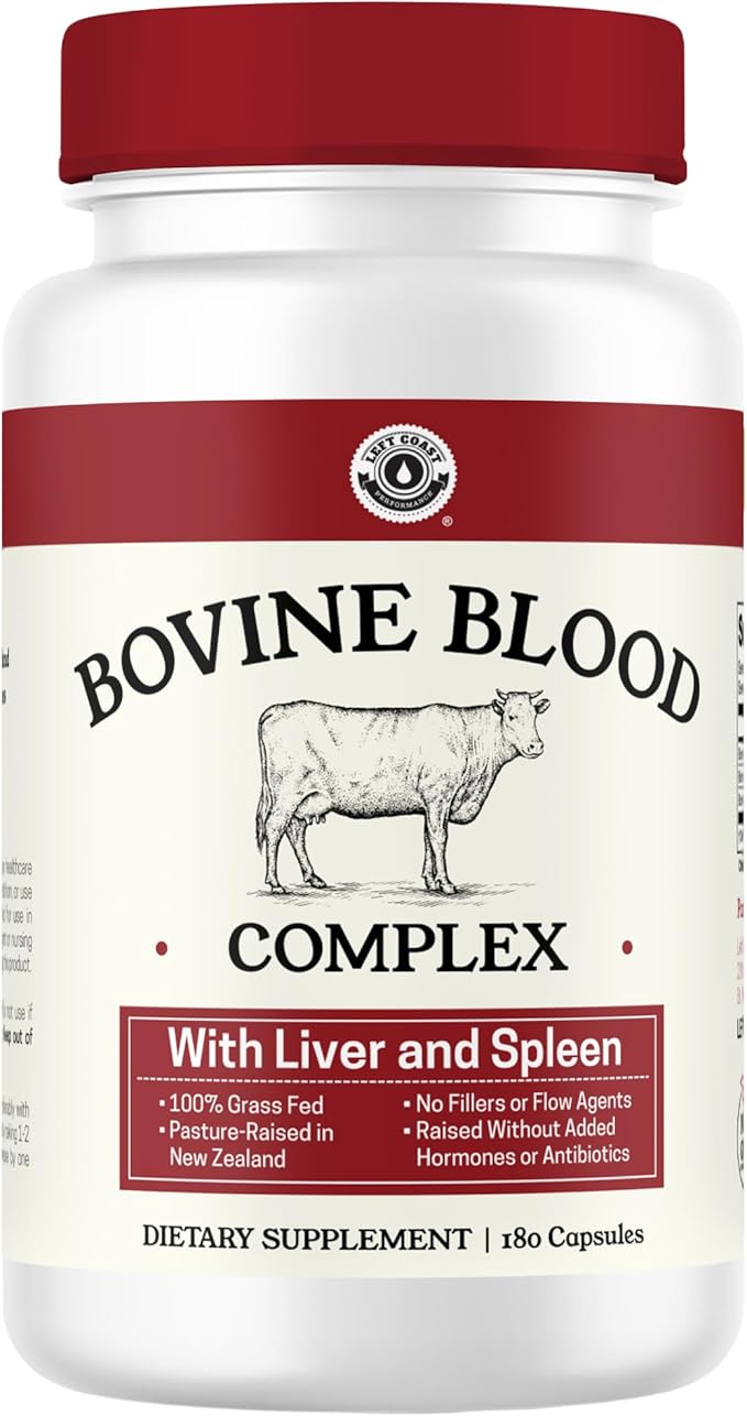 Left Coast Performance Grass Fed Bovine Blood and Beef Liver Supplement –100% Grass Fed New Zealand Pasture Raised Beef Organs - Natural Blood Builder Non GMO Freeze Dried –180 Capsules