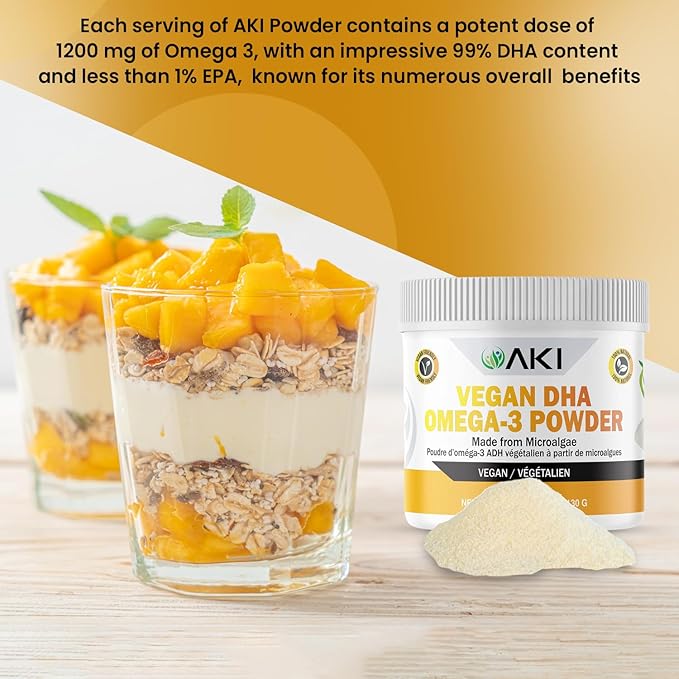 AKI Omega 3 DHA Micro Algae Powder Supplements - Plant Based Keto Vitamin - Alternative to Fish or Krill Oil - Vegan &amp Non-GMO (4.58oz/130g)