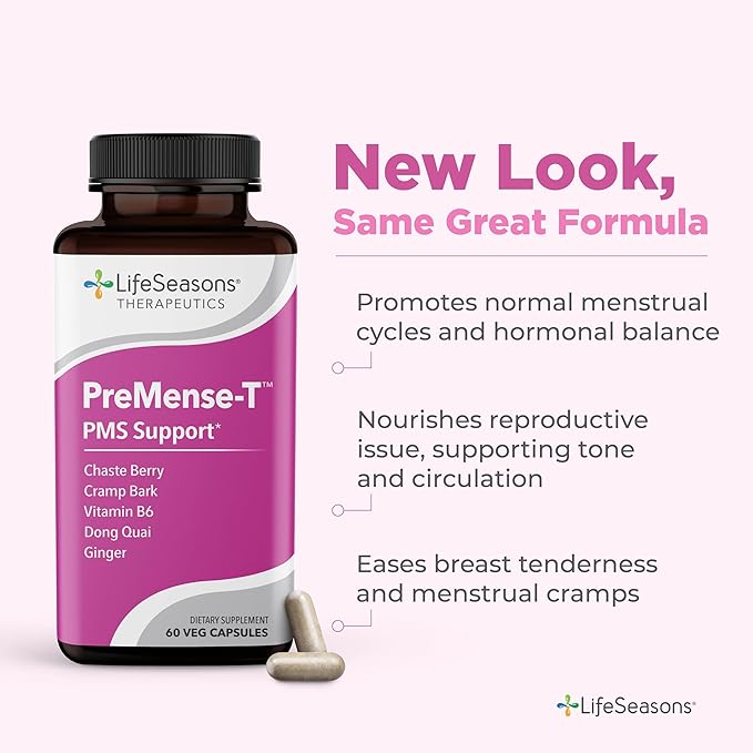 LifeSeasons - PreMense-T - PMS Relief Supplement - Support for Pre-Menstrual Symptoms Cramping &amp Breast Tenderness - Nourish Tissue - Ginger Crampbark Dong Quai Chasteberry &amp Vitamin B6-60 Ca