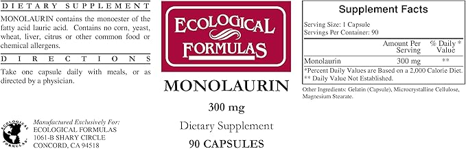 Ecological Formulas Monolaurin 300 mg 180 Capsules (90 Capsules x 2 Bottles)