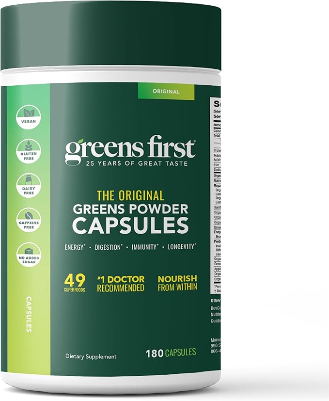 Greens First Phytonutrient Capsules - 49 Antioxidant-Rich Superfoods with Organic Fruits &amp Veggies Prebiotics Probiotics and Digestive Enzymes - 180 Capsules