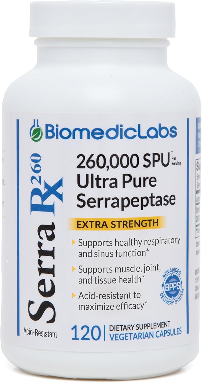 Serra-RX 260000 SU Serrapeptase - 120 Veg Capsules Acid-Resistant Proteolytic Systemic Enzyme Non-GMO Gluten Free Vegan Supports Sinus Immune &amp Lung Health