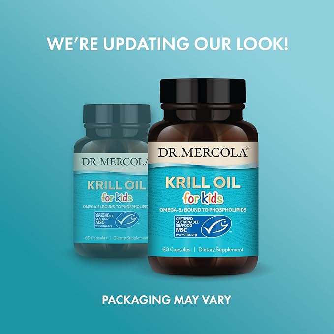 Dr. Mercola Krill Oil for Kids - 320 mg Krill Oil - MSC Certified - Supports Brain &amp Body Development - Phospholipid Form for Absorption - Non-GMO Gluten-Free &amp Soy-Free - 60 Capsules (Pack o