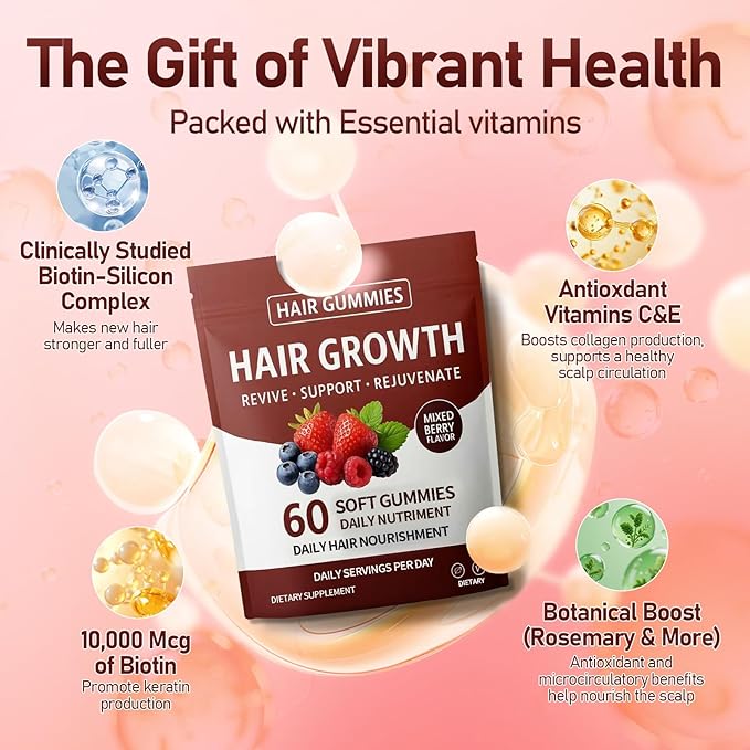 Hair Growth Gummies Daily Hair Nourishment with Biotin Collagen &amp Botanical Extracts Supports Healthy Hair Growth &amp Strength Skin &amp Nail Care Non-GMO 60 Gummies