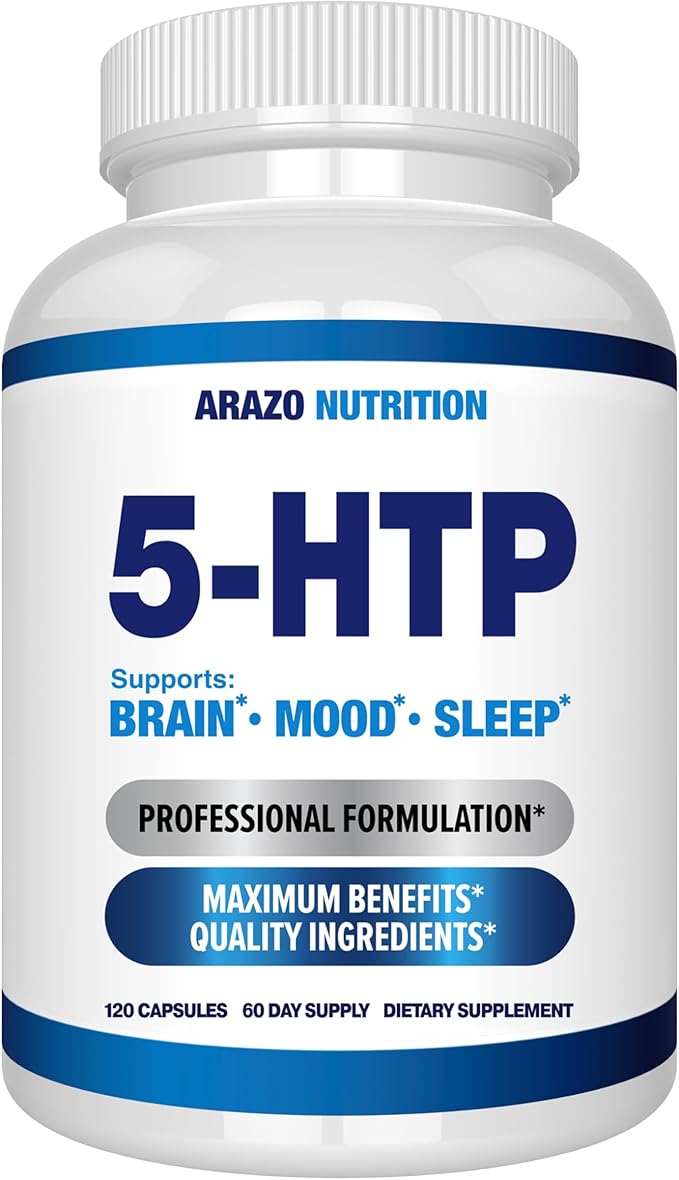 5-HTP 200 MG Per Serving Plus Calcium for Mood Sleep – Supports Calm and Relaxed Mood – 99% High Purity – 120 Capsules – Arazo Nutrition
