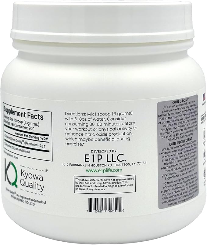 L-Citrulline 600grams (200 Servings) Unflavored Non-GMO Vegan Fermented Third-Party Lab Tested. Made with Halal and Kosher Certified Ingredients.