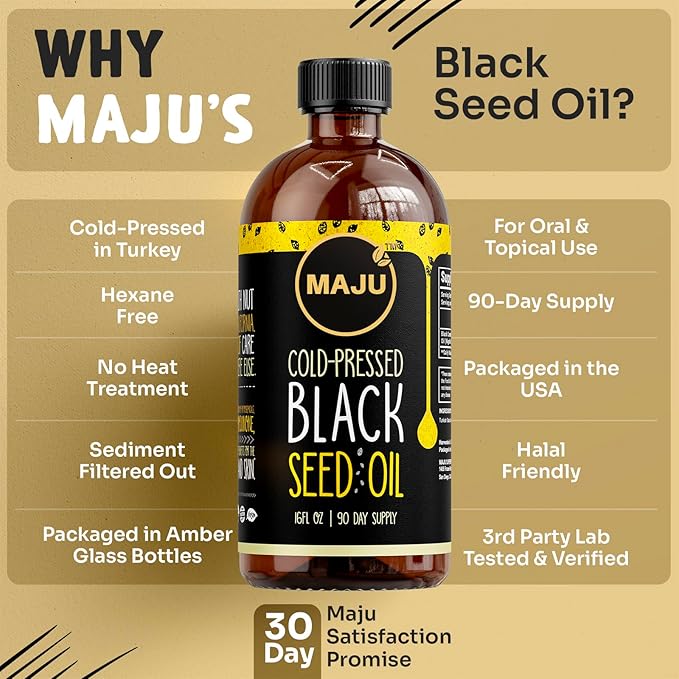 MAJU's Black Seed Oil 16oz: 3X Thymoquinone Cold Pressed 100% Turkish Black Cumin Nigella Sativa Seed Oil (Better Than Organic) Non-GMO 100% Liquid Pure Blackseed Glass Bottle