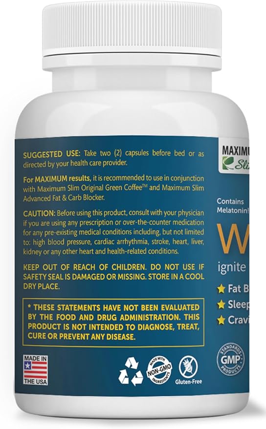 Maximum Slim Nighttime Weight Support – Gentle Fat Burning &amp Sleep Aid – African Mango Resveratrol &amp Green Tea – Non-GMO Vegan 60 Capsules