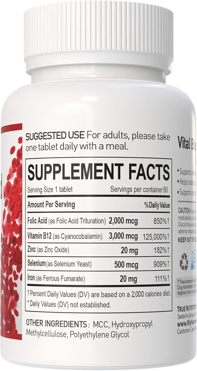 Vital Blood Boost - Dietary Supplement for White and Red Blood Cell Support - Iron with Selenium Zinc Vitamin B12 &amp Folic Acid - 90 Tablets x 3 Bottles 270 Day Supply
