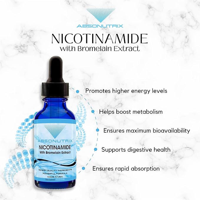 Absonutrix Nicotinamide with Bromelain Extract Advanced Formula 390 mg 4 Oz Liquid 302 Servings Made in USA Quick Absorption Quality Potent Ingredients Non-GMO GMP Certified Facility
