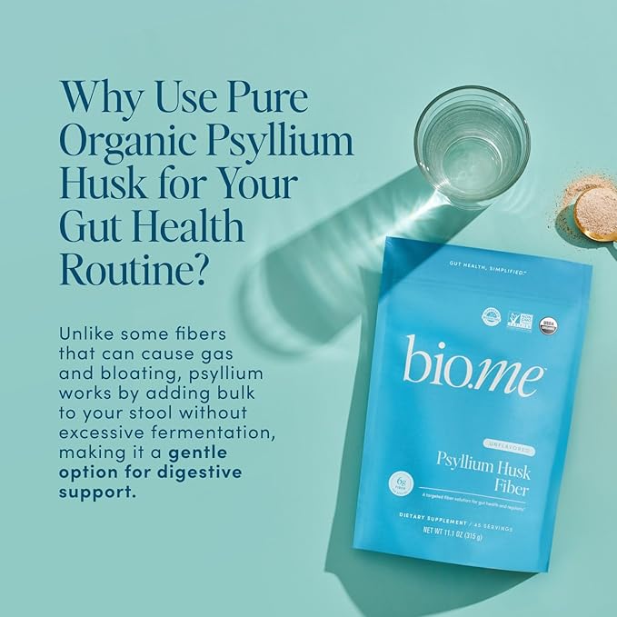 Bio.me Psyllium Husk Fiber Unflavored (6g Per Serving) - Gluten-Free Fiber Supplement for Women &amp Men - Psyllium Husk Powder for Healthy Digestion Bowel Regularity &amp Bloating Relief - 45 Serv