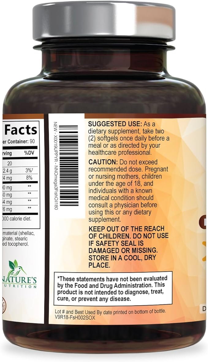 Omega 3 Fish Oil Supplements - 2400mg Fish Oil Per Serving - Triple Strength Omega-3 with EPA &amp DHA Fatty Acids - Natural Heart Brain &amp Immune Support - Wild Caught Bottled in USA - 180 Soft