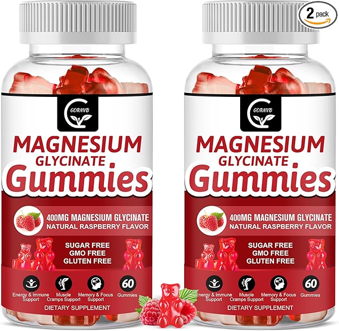 Magnesium Glycinate Gummies 400mg Mg Potassium Supplement with Chelated Magnesium Malate Complex Vitamin D B6 and CoQ10 Supports for Memory Calm Mood &amp Sleep - 60 Count (Pack of 2)