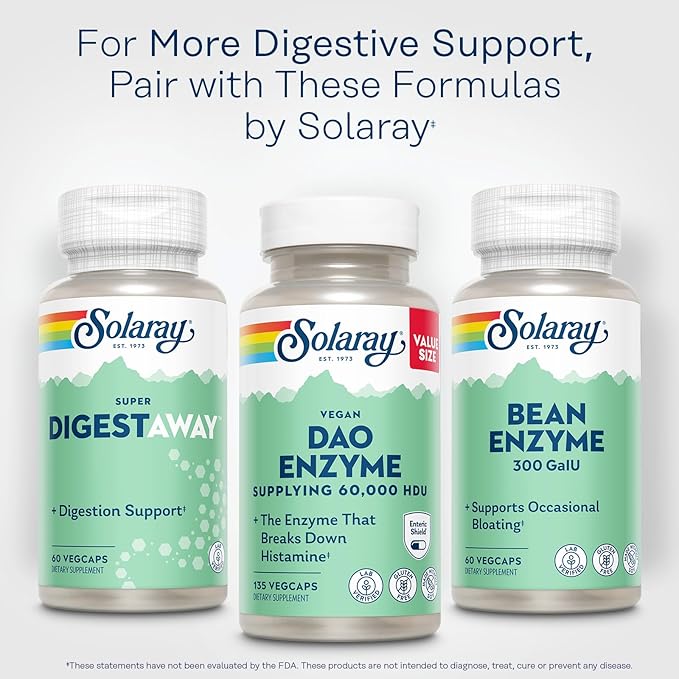 SOLARAY DAO Enzyme - Digestive Enzyme That Breaks Down Histamine - 60000 HDU - Digestive Enzymes - Vegan Gluten Free Lab Verified - 135 Servings 135 VegCaps