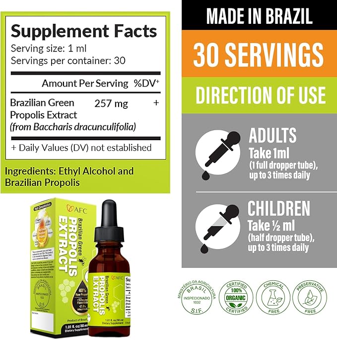 AFC Japan Brazilian Green Propolis Extract | Highest Artepilin C &amp Flavonoids for Antioxidant &amp Immune Support Pure Concentrated Liquid Extract Bee Propolis Tincture from Brazil (30ml/ 1Fl.Oz)