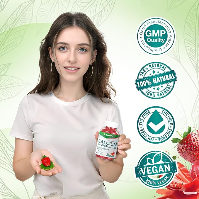 Calcium Magnesium Zinc Gummies with Vitamin D3 &amp K2 - High Potency Enhanced Absorption -120 Strawberry Gummies Flavored