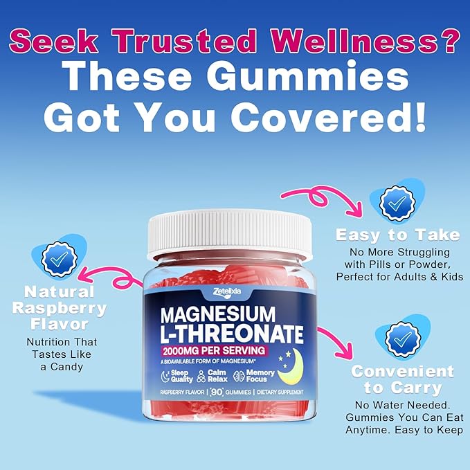 180 Count | 2 Pack Magnesium L-Threonate Gummies 2000mg Magnesium Threonate Supplement for Adults &amp Kids Support Cognition Restful Sleep &amp Muscle Health Sugar Free Vegan Non-GMO