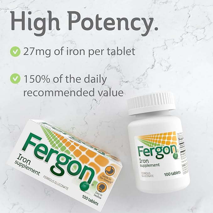 Fergon High Potency Iron Supplement Tablets 100 Count Pack of 2
