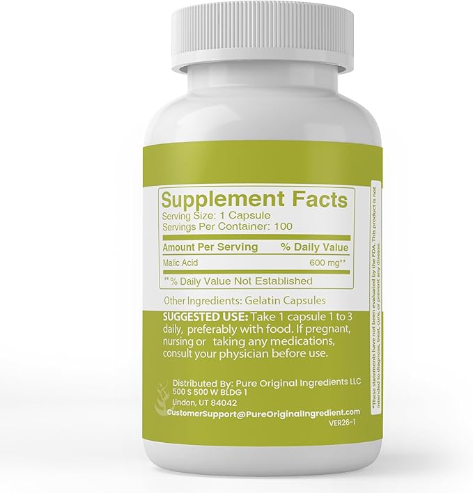 Malic Acid (100 Capsules) Alpha Hydroxy Acid Always Pure Lab Verified