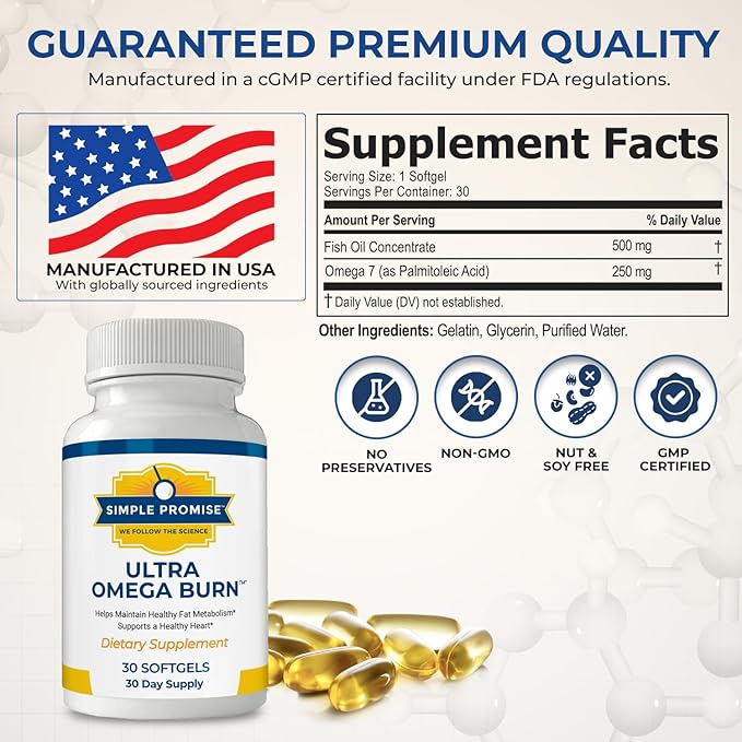 Simple Promise Ultra Omega Burn - Omega-7 Supplement with Pure Palmitoleic Acid - Fish Oil for Metabolism Weight Support &amp Cardiovascular Health - Healthy Heart Support for Men &amp Women | 30 S