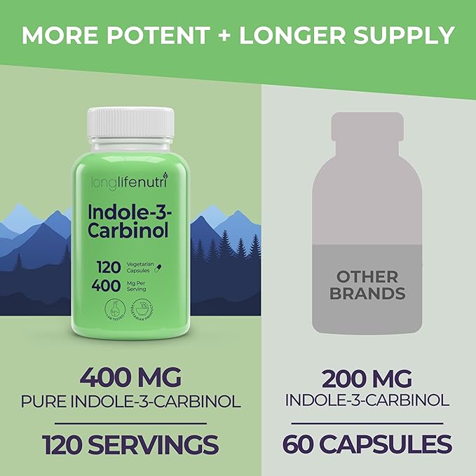 LongLifeNutri Indole-3-Carbinol 400mg - 120 Vegeterian Capsules 4-Month Supply Organic Supplement for Hormone Balance &amp Cellular Health Lab Tested Made in USA